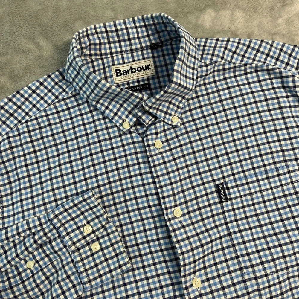 Barbour Gingham Check Tailored Fit Button Shirt Mens Medium Blue White Preppy